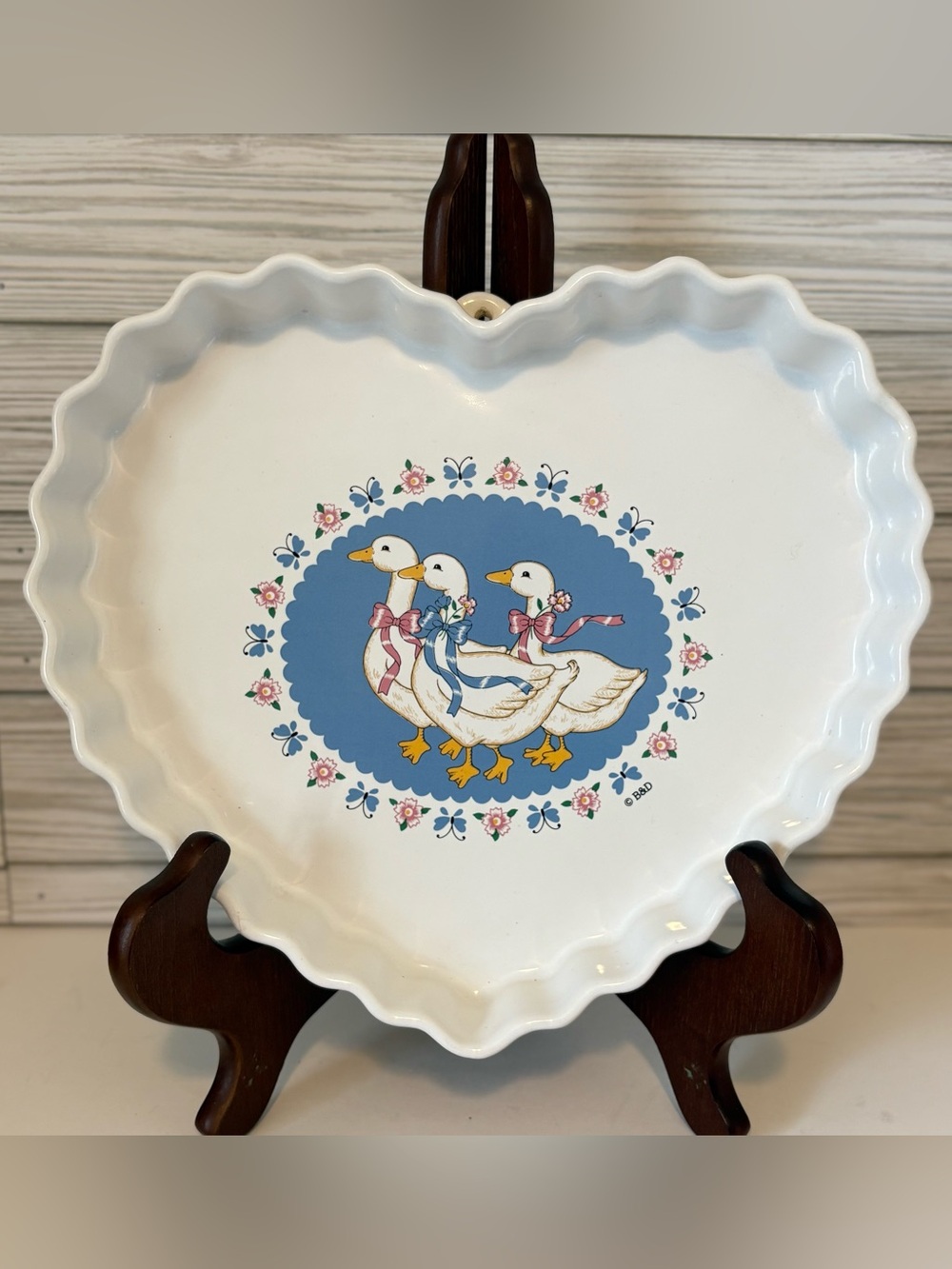 Vintage Treasure Craft Ribbon Geese Heart Ceramic Dish Pan Plaque 1980s Country